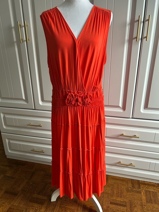 Addition Elle Dresses & Skirts - Addition Elle Bright Coral Sleeveless V-Neck Tiered Midi Dress